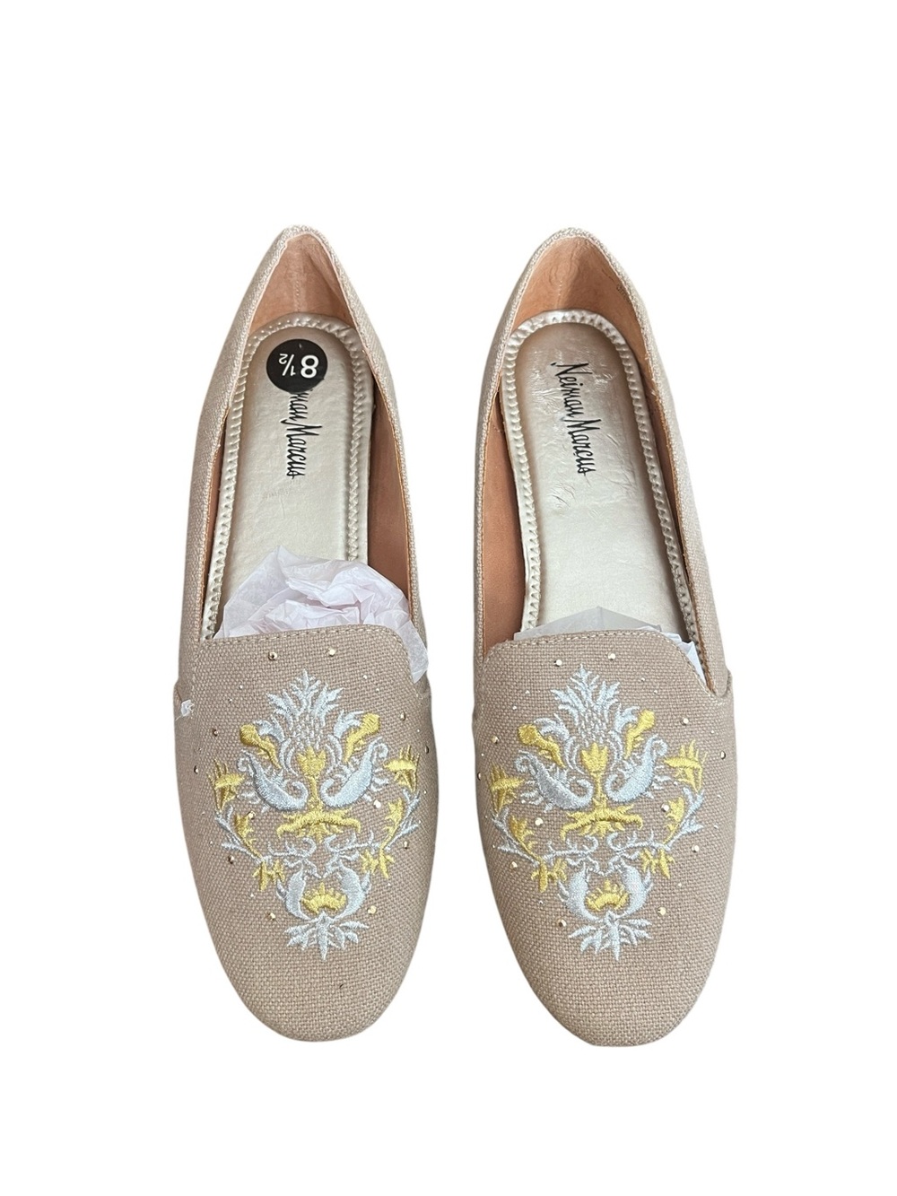 NEW Neiman Marcus Beige Embroidered Cavas Loafers/Flats Size 8.5